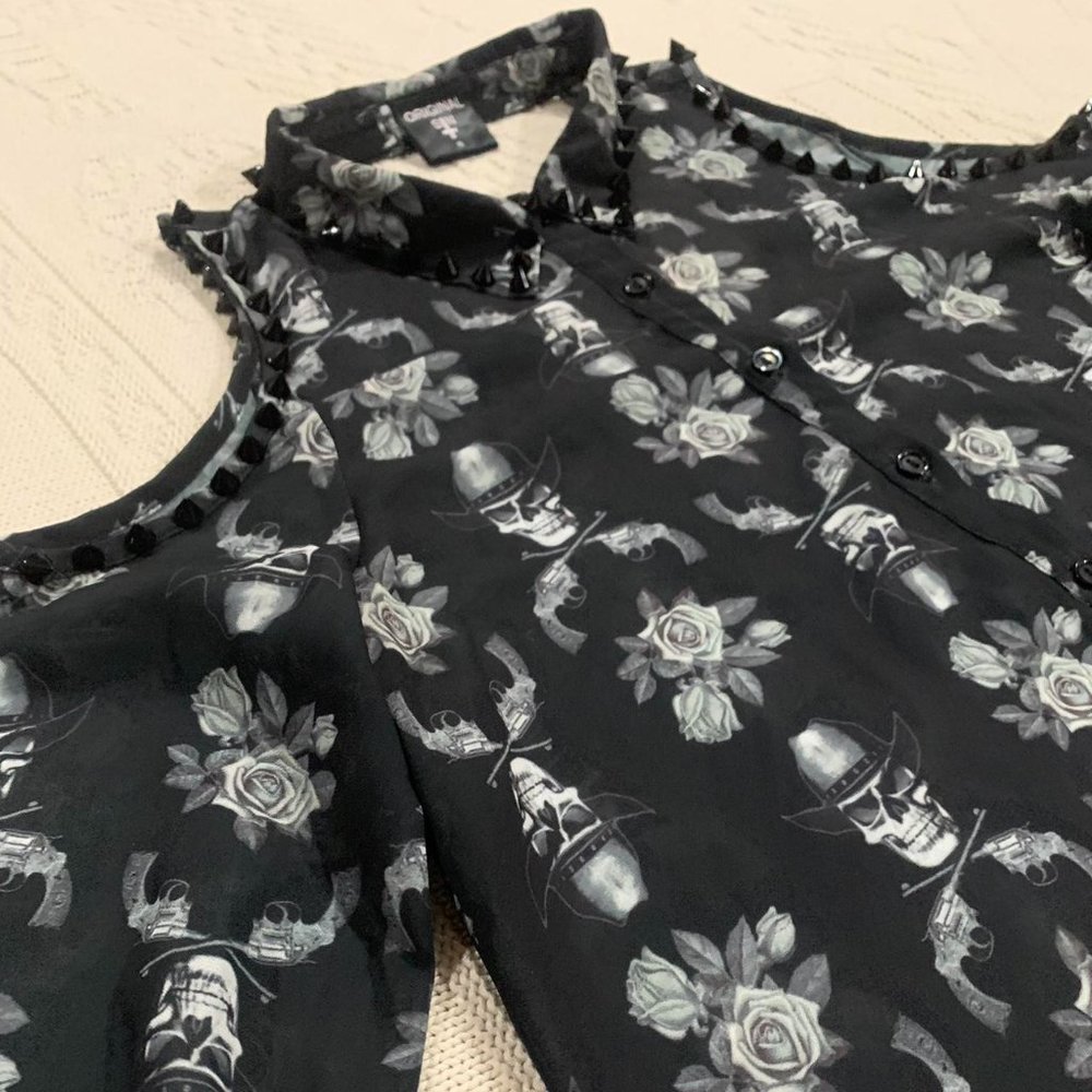 Cowboy Skull & Roses Studded Sheer Cold Shoulder Top
